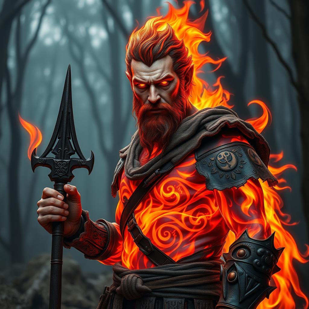 A male humanoid fire elemental druid with a body consisting of vibrant, flowing flames that shift from deep crimson to bright orange