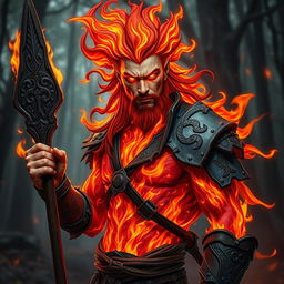 A male humanoid fire elemental druid with a body consisting of vibrant, flowing flames that shift from deep crimson to bright orange