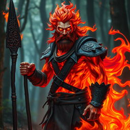 A male humanoid fire elemental druid with a body consisting of vibrant, flowing flames that shift from deep crimson to bright orange