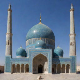 An intricately designed Iranian mosque with traditional architecture, including a magnificent dome, slender minarets and exquisite tilework