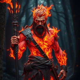 A male humanoid fire elemental druid with a body crafted from vibrant, undulating flames, displaying shades of deep red, fiery orange, and flickering yellow