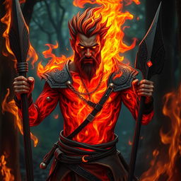 A male humanoid fire elemental druid with a body crafted from vibrant, undulating flames, displaying shades of deep red, fiery orange, and flickering yellow