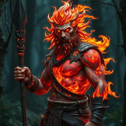 A male humanoid fire elemental druid with a body crafted from vibrant, undulating flames, displaying shades of deep red, fiery orange, and flickering yellow