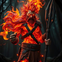 A male humanoid fire elemental druid with a body crafted from vibrant, undulating flames, displaying shades of deep red, fiery orange, and flickering yellow