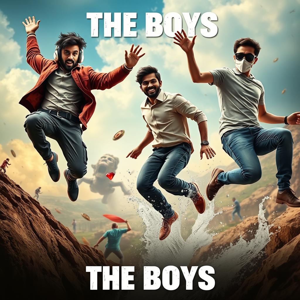 A cinematic funny close-up poster titled 'The Boys', featuring three modern 27-year-old Indian men humorously engaged in a quest to catch a small magical ring with a radiant red diamond