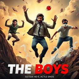 A cinematic funny close-up poster titled 'The Boys', featuring three modern 27-year-old Indian men humorously engaged in a quest to catch a small magical ring with a radiant red diamond