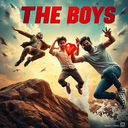 A cinematic funny close-up poster titled 'The Boys', featuring three modern 27-year-old Indian men humorously engaged in a quest to catch a small magical ring with a radiant red diamond