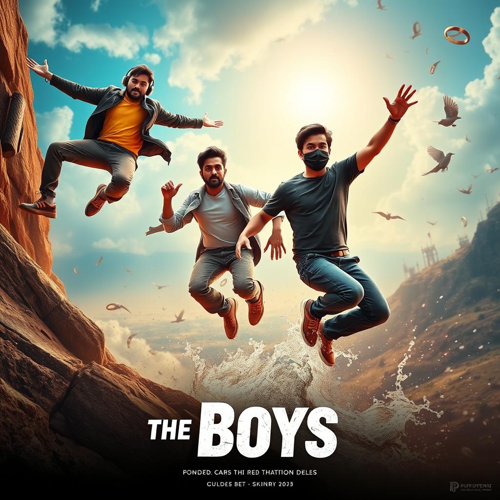 A cinematic funny close-up poster titled 'The Boys', featuring three modern 27-year-old Indian men humorously engaged in a quest to catch a small magical ring with a radiant red diamond