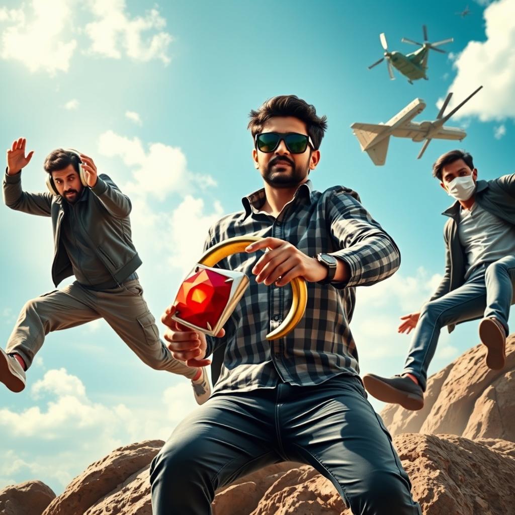 A cinematic funny close-up poster titled 'The Boys', featuring three modern 27-year-old Indian men depicted with distinct characteristics as they comically strive to capture a small magical ring with a dazzling red diamond