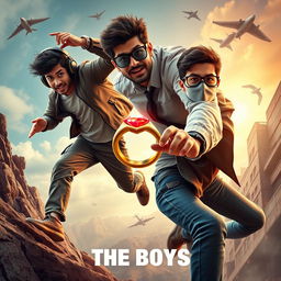 A cinematic funny close-up poster titled 'The Boys', featuring three modern 27-year-old Indian men depicted with distinct characteristics as they comically strive to capture a small magical ring with a dazzling red diamond