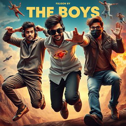 A cinematic funny close-up poster titled 'The Boys', featuring three modern 27-year-old Indian men depicted with distinct characteristics as they comically strive to capture a small magical ring with a dazzling red diamond