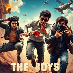 A cinematic funny close-up poster titled 'The Boys', featuring three modern 27-year-old Indian men depicted with distinct characteristics as they comically strive to capture a small magical ring with a dazzling red diamond