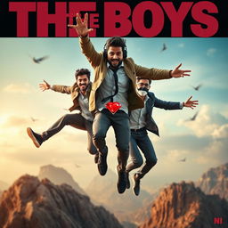 A cinematic funny close-up poster titled 'The Boys', featuring three modern 27-year-old Indian men caught in humorous and perilous attempts to snag a small magical ring adorned with a sparkling red diamond