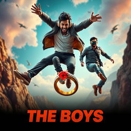 A cinematic funny close-up poster titled 'The Boys', featuring three modern 27-year-old Indian men caught in humorous and perilous attempts to snag a small magical ring adorned with a sparkling red diamond