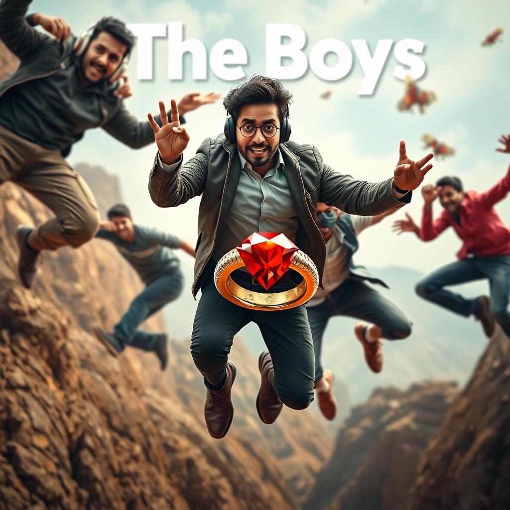 A cinematic funny close-up poster titled 'The Boys', featuring three modern 27-year-old Indian men caught in humorous and perilous attempts to snag a small magical ring adorned with a sparkling red diamond