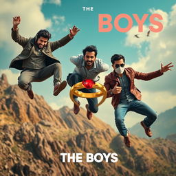 A cinematic funny close-up poster titled 'The Boys', featuring three modern 27-year-old Indian men caught in humorous and perilous attempts to snag a small magical ring adorned with a sparkling red diamond