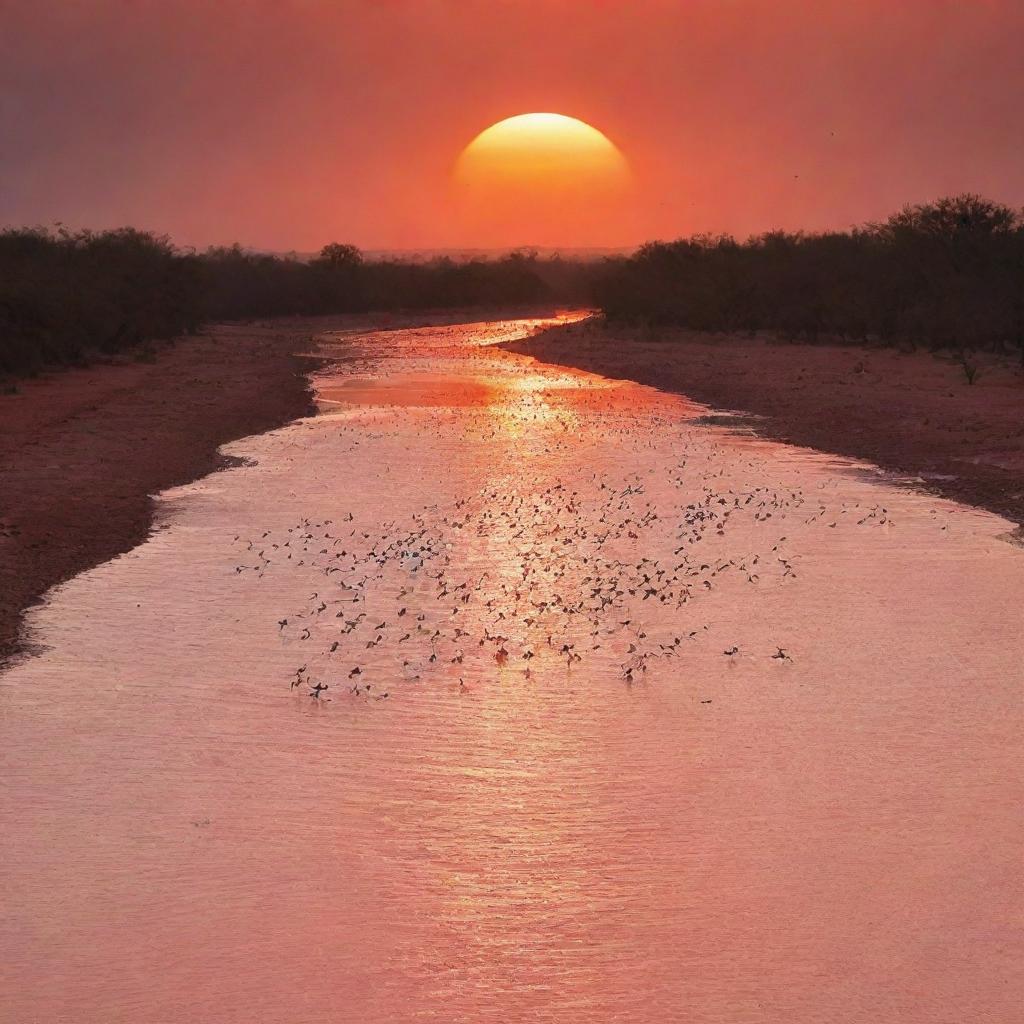 A breathtaking view of flamingos migrating above a blood-red river at sunset