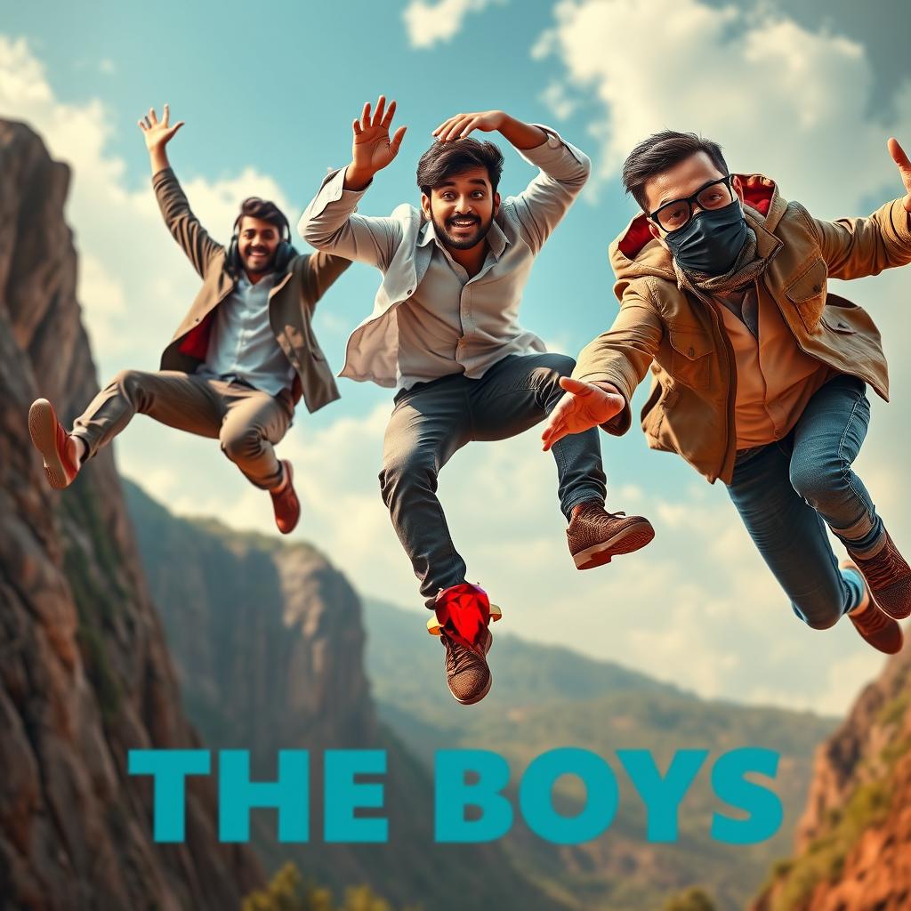 A cinematic funny close-up poster titled 'The Boys', showcasing three modern 27-year-old Indian men in a hilarious chase to grab a magical small ring featuring a bright red diamond