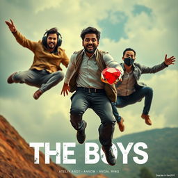 A cinematic funny close-up poster titled 'The Boys', showcasing three modern 27-year-old Indian men in a hilarious chase to grab a magical small ring featuring a bright red diamond