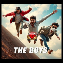 A cinematic funny close-up poster titled 'The Boys', showcasing three modern 27-year-old Indian men in a hilarious chase to grab a magical small ring featuring a bright red diamond