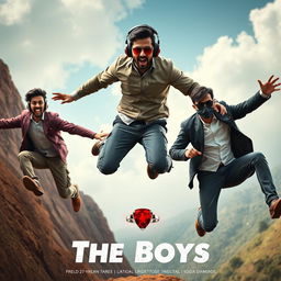 A cinematic funny close-up poster titled 'The Boys', showcasing three modern 27-year-old Indian men in a hilarious chase to grab a magical small ring featuring a bright red diamond