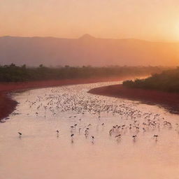 A breathtaking view of flamingos migrating above a blood-red river at sunset