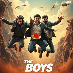 A cinematic funny close-up poster titled 'The Boys', featuring three modern 27-year-old Indian men in a whirlwind of action as they hilariously try to catch a small magical ring with a vibrant red diamond