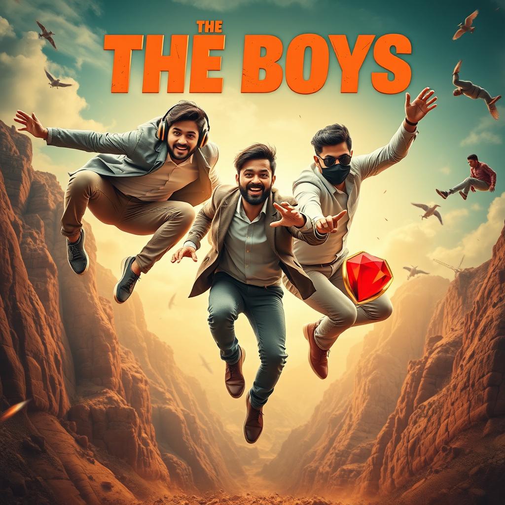 A cinematic funny close-up poster titled 'The Boys', featuring three modern 27-year-old Indian men in a whirlwind of action as they hilariously try to catch a small magical ring with a vibrant red diamond