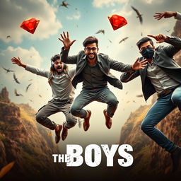 A cinematic funny close-up poster titled 'The Boys', featuring three modern 27-year-old Indian men in a whirlwind of action as they hilariously try to catch a small magical ring with a vibrant red diamond