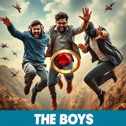 A cinematic funny close-up poster titled 'The Boys', featuring three modern 27-year-old Indian men in a whirlwind of action as they hilariously try to catch a small magical ring with a vibrant red diamond