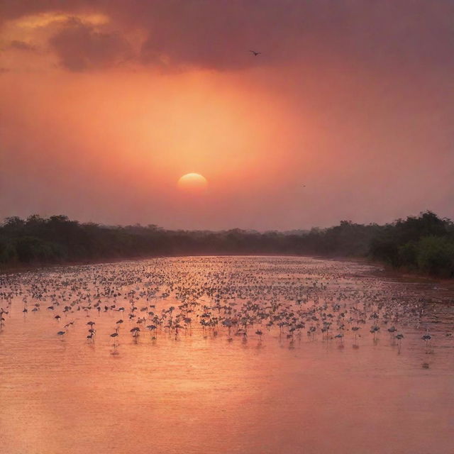 A breathtaking view of flamingos migrating above a blood-red river at sunset