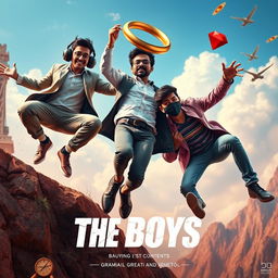 A whimsical and cinematic close-up poster titled 'The Boys', depicting three modern 27-year-old Indian men in a comical contest to catch a small magical ring featuring a striking red diamond