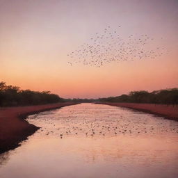 A breathtaking view of flamingos migrating above a blood-red river at sunset