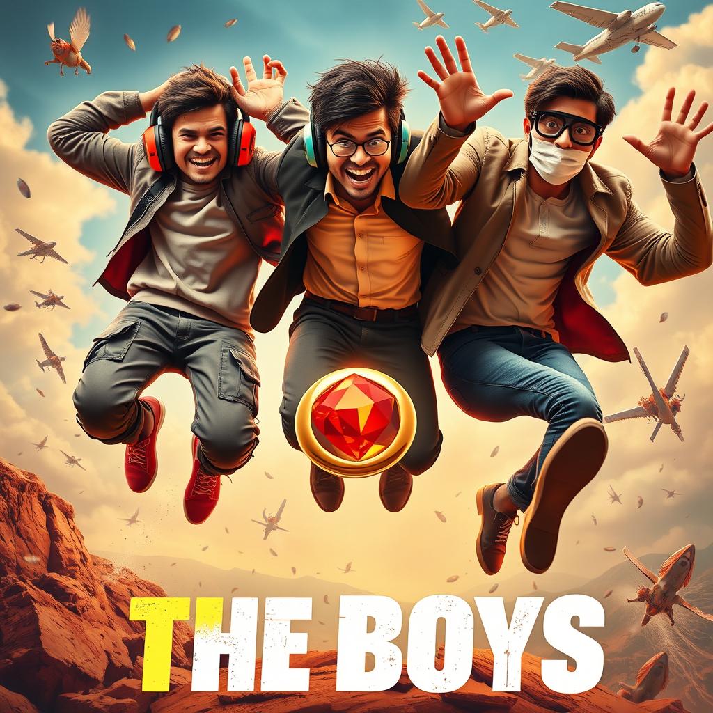 A whimsical and cinematic close-up poster titled 'The Boys', depicting three modern 27-year-old Indian men in a comical contest to catch a small magical ring featuring a striking red diamond