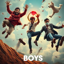 A whimsical and cinematic close-up poster titled 'The Boys', depicting three modern 27-year-old Indian men in a comical contest to catch a small magical ring featuring a striking red diamond