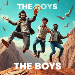 A whimsical and cinematic close-up poster titled 'The Boys', depicting three modern 27-year-old Indian men in a comical contest to catch a small magical ring featuring a striking red diamond