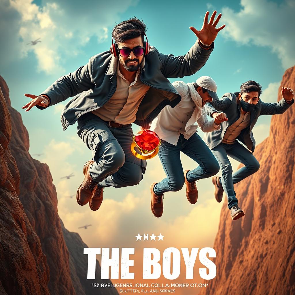 A humorous and cinematic close-up poster titled 'The Boys', featuring three 27-year-old modern Indian men embroiled in a chaotic chase for a magical small ring with a dazzling red diamond