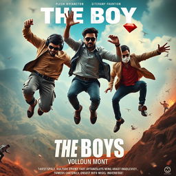 A humorous and cinematic close-up poster titled 'The Boys', featuring three 27-year-old modern Indian men embroiled in a chaotic chase for a magical small ring with a dazzling red diamond