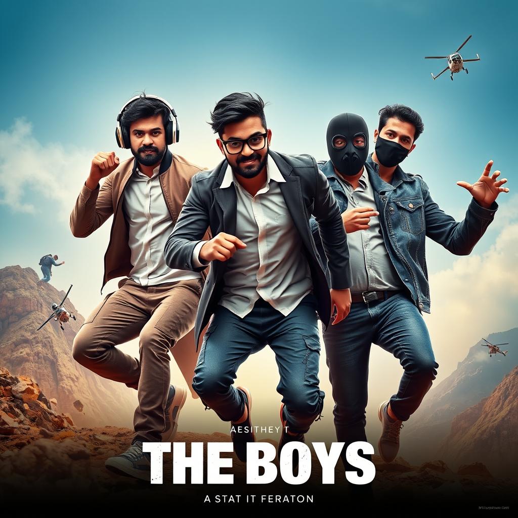 A comedic and cinematic close-up poster titled 'The Boys', showcasing three modern 27-year-old Indian men engaged in a chaotic chase for a small magical ring featuring a brilliant red diamond