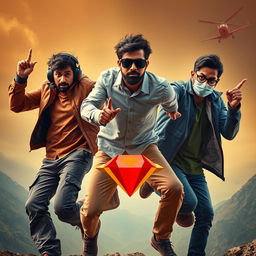 A comedic and cinematic close-up poster titled 'The Boys', showcasing three modern 27-year-old Indian men engaged in a chaotic chase for a small magical ring featuring a brilliant red diamond