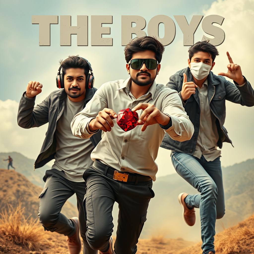 A comedic and cinematic close-up poster titled 'The Boys', showcasing three modern 27-year-old Indian men engaged in a chaotic chase for a small magical ring featuring a brilliant red diamond