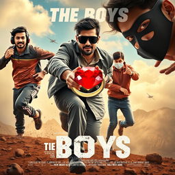 A comedic and cinematic close-up poster titled 'The Boys', showcasing three modern 27-year-old Indian men engaged in a chaotic chase for a small magical ring featuring a brilliant red diamond