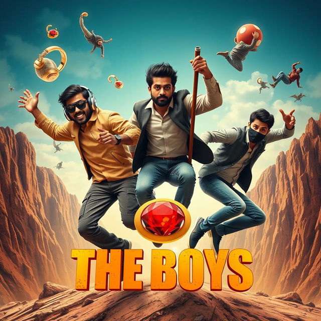 A vibrant and humorous close-up poster titled 'The Boys', featuring three modern 27-year-old Indian men embarking on a chaotic quest to catch a small magical ring adorned with a brilliant red diamond