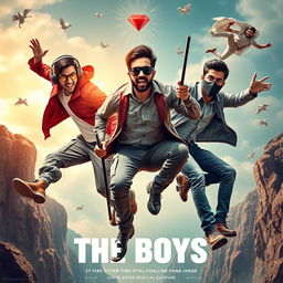 A vibrant and humorous close-up poster titled 'The Boys', featuring three modern 27-year-old Indian men embarking on a chaotic quest to catch a small magical ring adorned with a brilliant red diamond