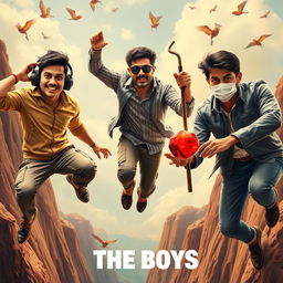 A vibrant and humorous close-up poster titled 'The Boys', featuring three modern 27-year-old Indian men embarking on a chaotic quest to catch a small magical ring adorned with a brilliant red diamond