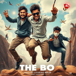 A vibrant and humorous close-up poster titled 'The Boys', featuring three modern 27-year-old Indian men embarking on a chaotic quest to catch a small magical ring adorned with a brilliant red diamond