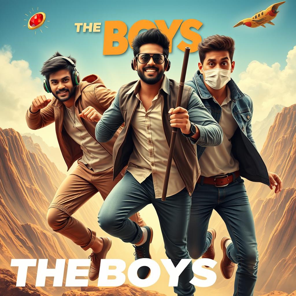 A lively and comedic close-up poster titled 'The Boys', featuring three modern 27-year-old Indian men on a wild adventure to catch a small magical ring with a bright red diamond