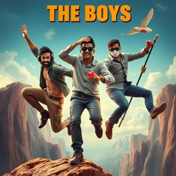 A lively and comedic close-up poster titled 'The Boys', featuring three modern 27-year-old Indian men on a wild adventure to catch a small magical ring with a bright red diamond