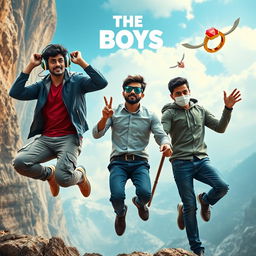 A lively and comedic close-up poster titled 'The Boys', featuring three modern 27-year-old Indian men on a wild adventure to catch a small magical ring with a bright red diamond