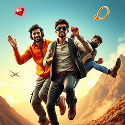 A lively and comedic close-up poster titled 'The Boys', featuring three modern 27-year-old Indian men on a wild adventure to catch a small magical ring with a bright red diamond